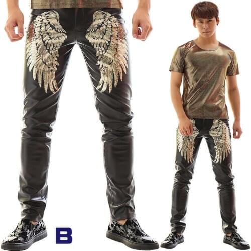 Idopy Men`s Faux Leather Pants Punk Style Personality Dance Skinny Wings Night Club Motorcycle Black PU Leather Soft Trousers