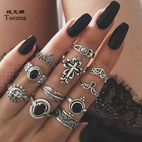Tocona 11pcs Vintage Cross Silver Color Rings for Women Black Stone Moon Sun Knuckle Joint Rings Sets Heart Leaf Jewelry 14420