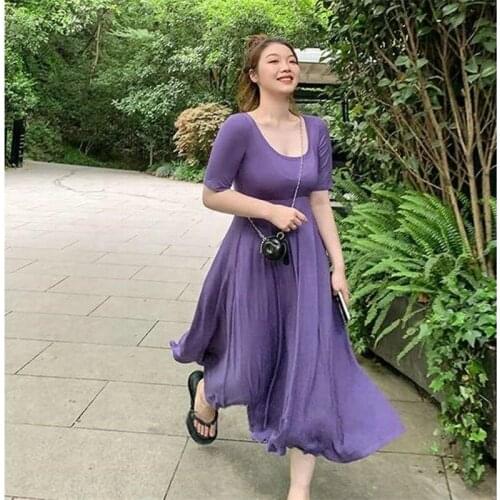 2021 purple dress womens large size short sleeve medium length close waist slim loose version fat mm dress