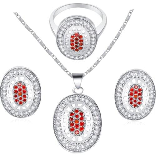 ROLILASON 2019 new Oval silver plated stamped filled Earring Necklace Fashion Jewelry Set Red Zircon Ring Sz #7 #8 #9 JS550