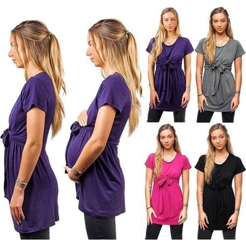 Fashion Bow Maternity T shirt pregnancy Tops Clothes Breastfeeding blend cotton shirt Nursing Summer Tees For Pregnant