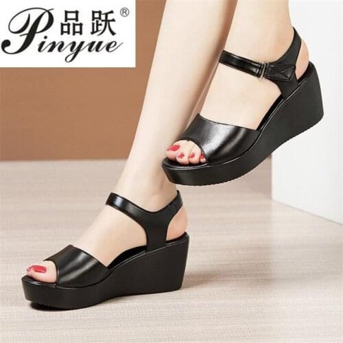 Small Big Size 34-43 Open Head Soft Thick Bottom Platform Sandals Summer Shoes 2021 Casual Medium Heels Wedges Sandals Ladies