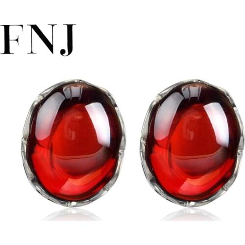 FNJ 925 Silver Earrings for Women Jewelry Original Pure S925 Sterling Silver Stud Earring Oval Rose Corundum Red Cubic Zircon