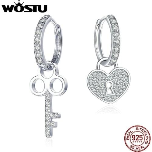 WOSTU Fashion 925 Sterling Silver Key Lock Drop Earrings Zircon Love Heart Dangle Earrings For Women Wedding Jewelry Gift CQE577
