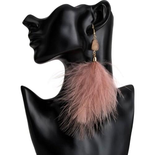Natural Feather Tassel Pink Quartz Stone Drop Earrings For Women Fashion Jewelry