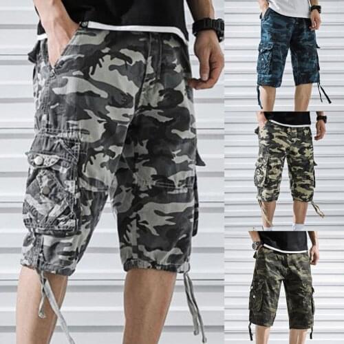 2021 Summer Casual Mens Shorts Camouflage Print Elastic Shorts Knee Length Multi Pockets High Waist Cargo Shorts Streetwear