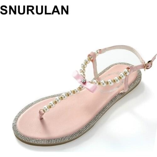 SNURULAN womens sandals; 2019 collection Summer footwear; womens sandals with a bow and pearls womens flat sandals large size