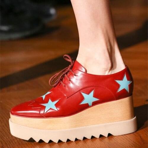 Zapatos Mujer Street Fashion Platform Casual Shoes Woman Square Toe Lace Up Women High Weges Leather Stars Single Stella Shoes