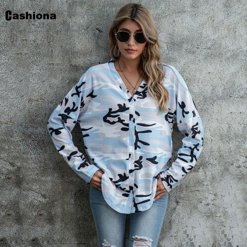 Cashiona Ladies Elegant Leisure Casual T-shirt Model 3D Print V-neck Loose Open Stitch Womens Top 2020 Autumn Tees shirt Femme