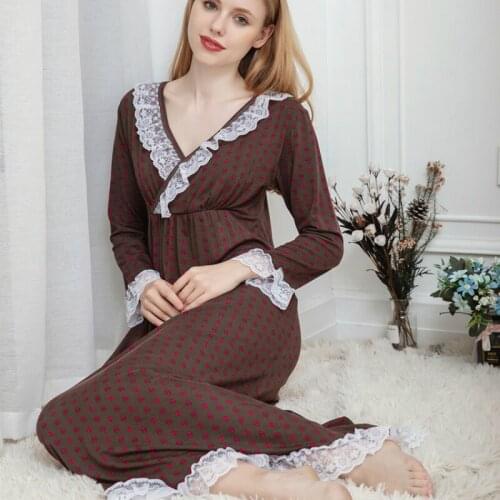 Female Autumn and Winter Long Sleeve Women Sleepwear Modal Lingerie Nightgown Removable Breast Pad Princess Sleeping Skirt
