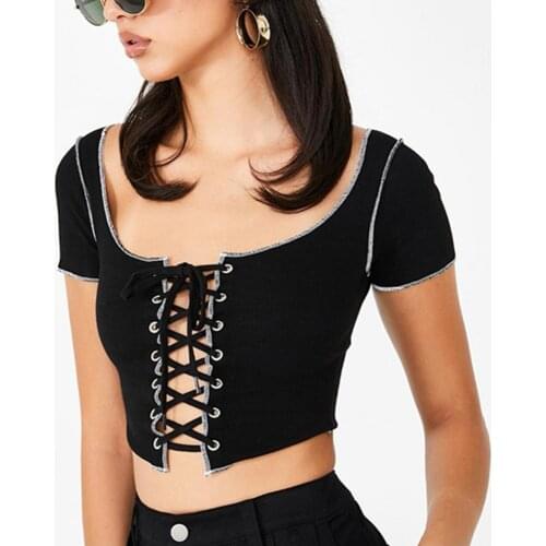 Woman Streetwear T-Shirt Croptop Punk Hollow Out Lace Up Tees Korean Style Crop Tops Summer Casual Bodycon Sexy Low Chest