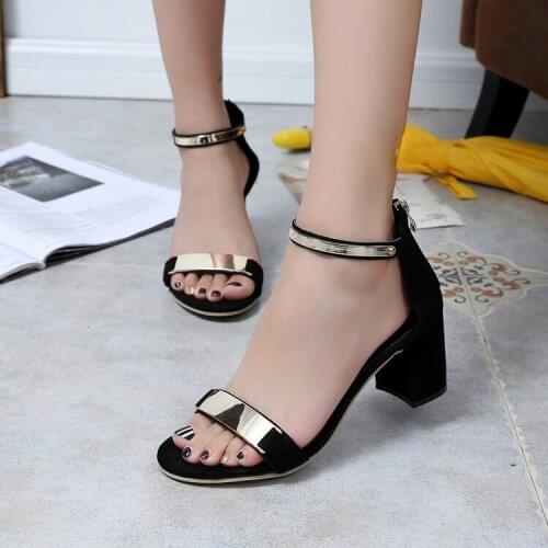New Summer Hollow Women Sandals Female Black Party Shoes Zapatos Mujer Thick High Heel Ankle Strap Sandalias Mujer Sandal