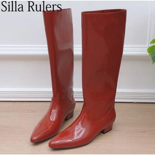 New Patent Leather Pointed Toe Western Boots Woman Slip On Knee High Boots Woman Long Boots Square Heels Knight Boots Woman 2021
