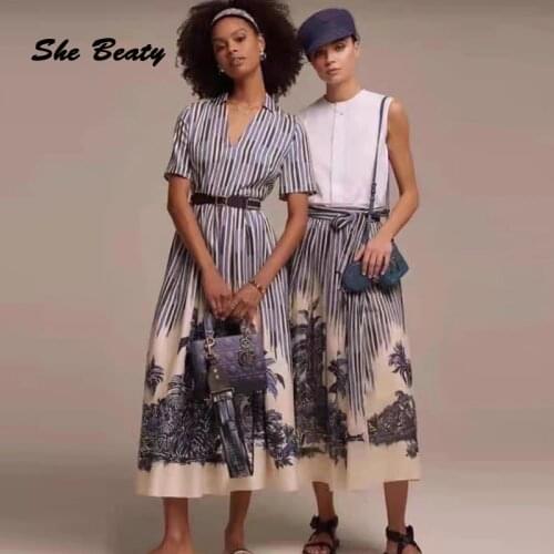 She Beaty Summer Dress Cotton Coconut Tree Striped 3D Print Loose 2021 New Runway Fashion With Belt Traf Dresses Designer Brand