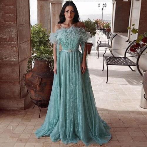 Aqua Lace Feather 2021 Prom Dresses A Line Off Shoulder Formal Evening Party Gown Dress Robe De Soiree