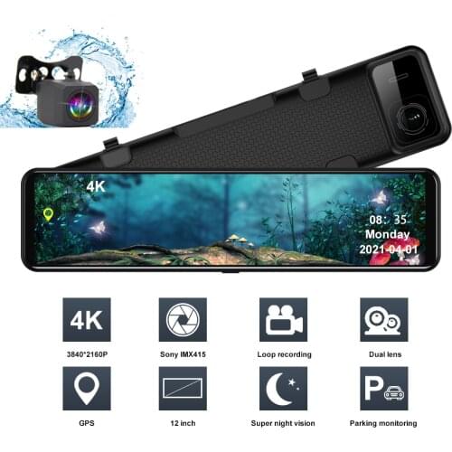 Car DVR Camera 4K 12 Inch Sony IMX415 Ultra HD 3840*2160P Auto Driving Video Recorders Rear View Mirror Dual Lens Dash Cam GPS
