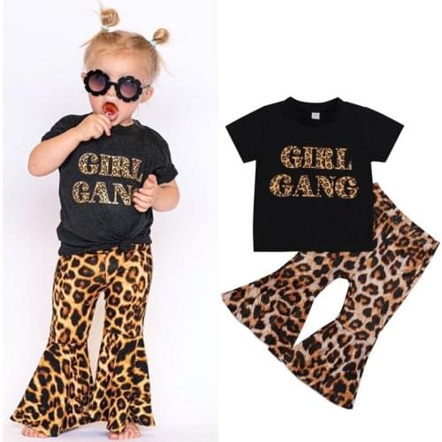 FOCUSNORM 1-6Y Summer Fashion Kids Girls Clothes Sets Letter Printed Short Sleeve T Shirts Leopard Flare Pants