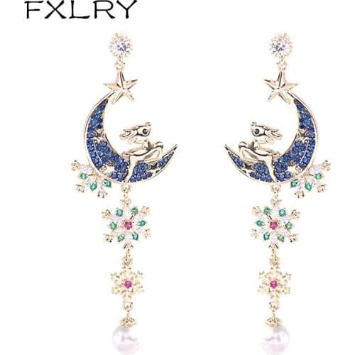 FXLRY High Quality Colorful Cubic Zircon Long Snowflake Earrings For Women Fashion Jewelry