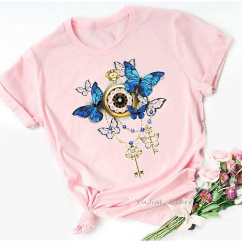 Cool T Shirt Women Clothes 2021 Golden Clock Blue Butterfly Print Tshirt Femme Summer Fashion Female T-Shirt Dropshipping