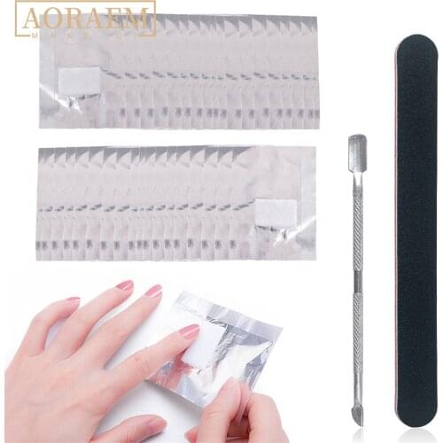 AORAEM Nail Removal Set 100Pcs Aluminium Foil Wraps Steel Cuticle Pusher Sanding Strip For Manicure Tools Nails Clean Equitment