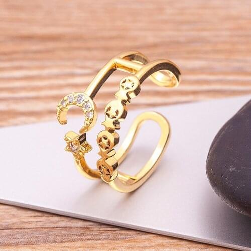 New Design Copper Zircon Star Moon Ring Fashion Statement Geometric Gold Color Charm Lady Girl Ring Open Adjustable Jewelry Gift