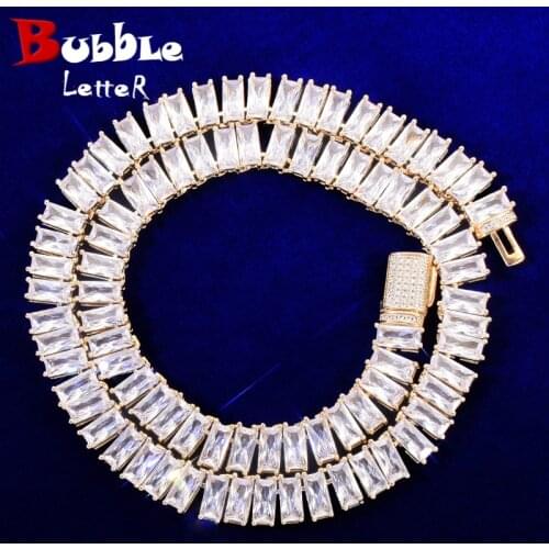Mens Hip Hop Link 14mm Baguette Zirconia Square Necklace Chain Gold Color Copper Bling Street Rock Jewelry