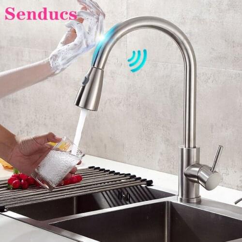 Sensitive Touch Kitchen Faucets Senducs Brushed Nickel Pull Out Kitchen Mixer Tap Intelligent Smart Touch Kitchen Sink Faucet