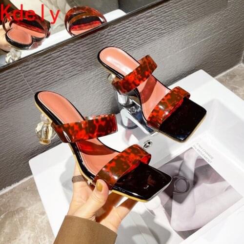 Sexy Leopard Print Women Slippers Concise Colour Mixture Square Toe Strange Heels Slipper Summer Outside Women Shoes