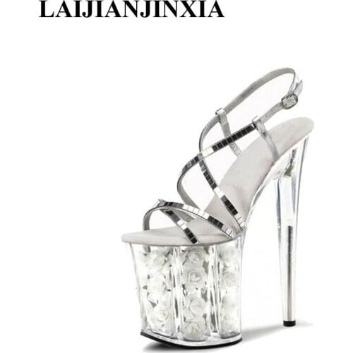 LAIJIANJINXIA Dance Shoes Roman transparent crystal 20cm high heel sandals, rose waterproof platform sexy club sandals