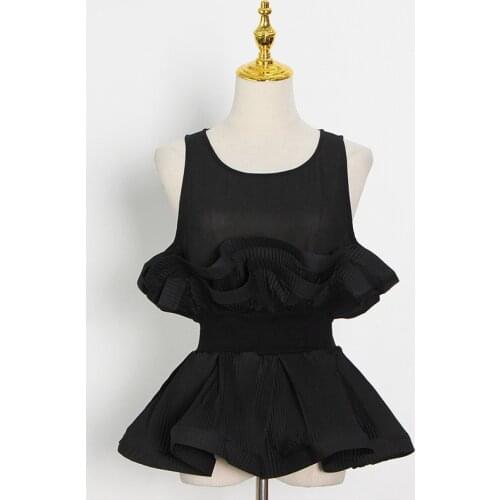 Black White Sleeveless Ruffles Patchwork Design Women Elegant Blouse Top Casual Summer New Round Neck Waist Shirt 2021 Clothes