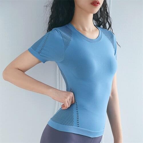 Women Yoga Tops Shirts Fitness Sports Top Sexy Women Solid Color Gym Sportswear Short Sleeve Hollow Out Gym Running Clothes