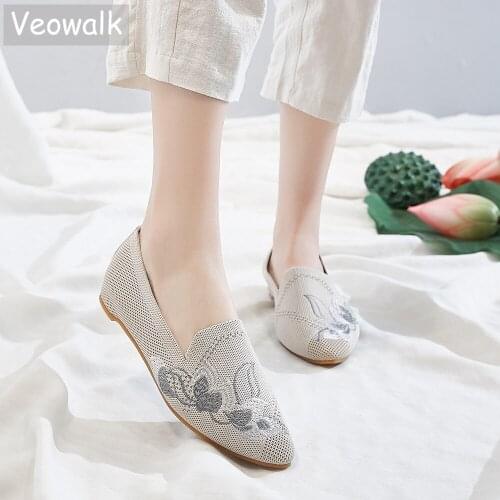 Veowalk Women Embroidered Knitted Cotton Fabric Flat Shoes Summer Pointed Toe Slip On Shoes for Ladies Comfortable Ballet Flats