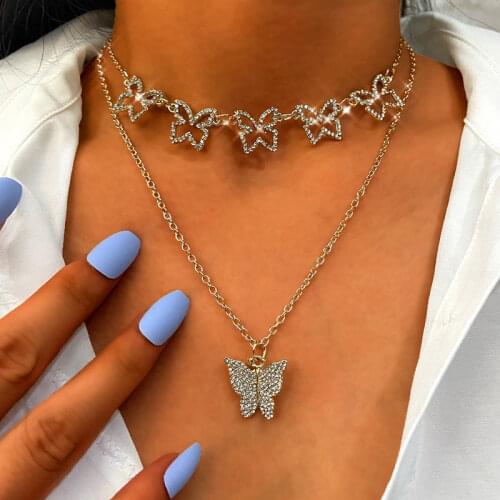 Flatfoosie New Fashion Hollow Butterfly Choker Necklace Women Gold Silver Color Multilayer Crystal Butterfly Necklace Jewelry
