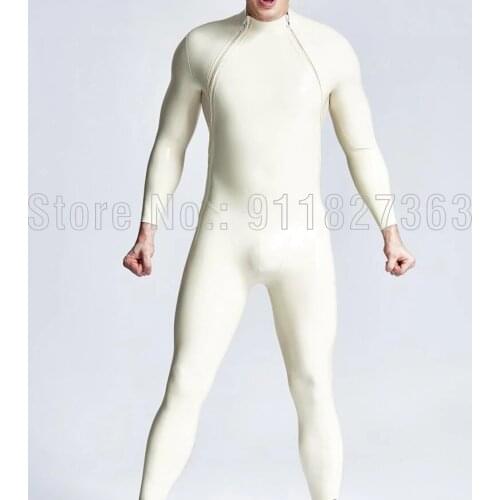 100% Latex Bodysuit Male Double-Diagonal Zip Catsuit Cosplay Club Wear multiple color Latex Jumpsuit w Crotch zipper