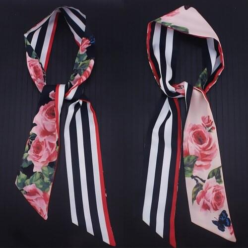 110*7cm New Rose Flower Striped Double-Sided Silk Scarf Womens Tie Bag Ribbon Hair Band