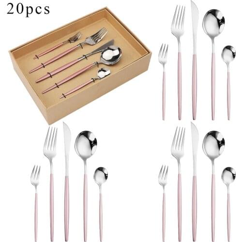 20Pcs Steel Cutlery Set Glossy Silverware Dinnerware Set Gift Box Forks Knives Spoons Tableware Flatware Set Dishwasher Safe