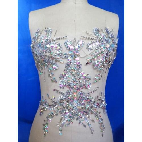 A65 Handmade clear AB colour crystal patches sew on trim Rhinestones applique with stones sequins beads 34*34cm for dress