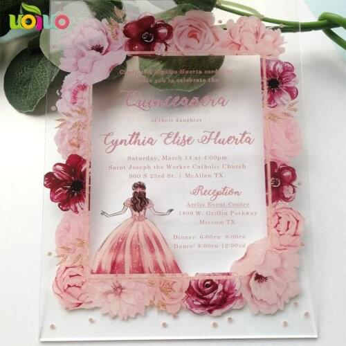 Acrylic card with colorful printing flower Quinceanera invitation card, acrylic print custom wordings birthday invitation card
