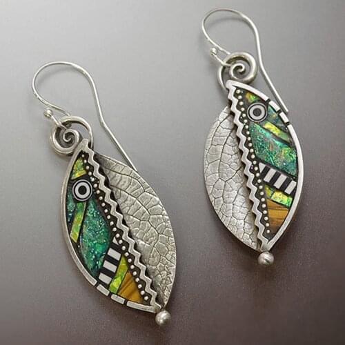 Bohemian Green Leaf Dangle Earrings for Women Tribal Abstract Resin Stone Metal Earring Vintage Jewelry