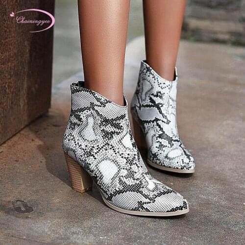Nightclub round toe ankle boots fashion zipper serpentine plaid beige high-heeled chunky motorcycle boots womens shoes big size