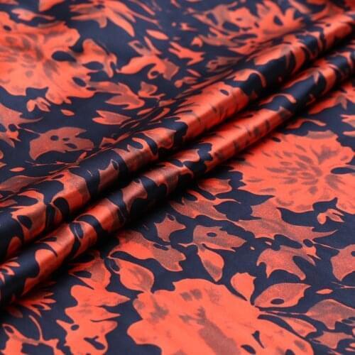 Red Flower Art Print Black Stretch Satin Dress Sewing Material Real Mulberry Silk Fabric By Meter