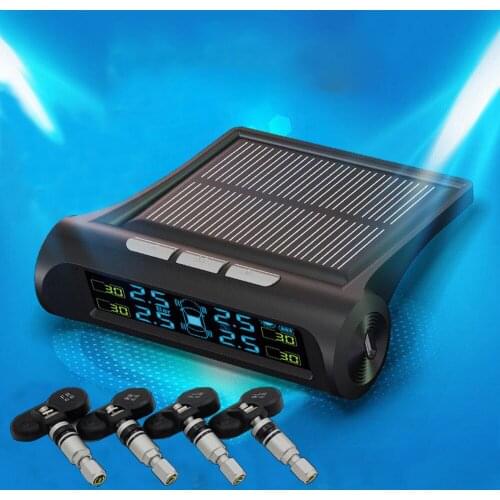 Solar Car TPMS Tire Pressure Gauge with 4 Sensor USB Wireless Tire Pressure Monitor Alarm System 433.92MHz LCD Color Display