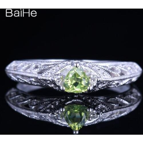 BAIHE Solid 14K White Gold 0.26CT Trillion Flawless Genuine Peridot Women Wedding Trendy Fine Jewelry Peridot Ring