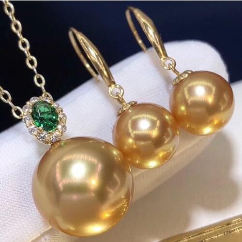 D610 Pearl Set Fine Jewelry Solid 18K Gold Round 8-14mm Nature Fresh Water Edison Golden Pearls Jewelry Sets for Women