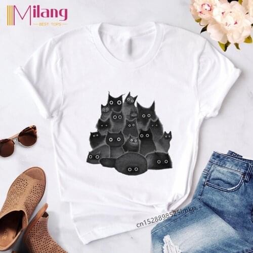 Cat New Tops Female Kawaii T Shirts Women T-shirt Printed Summer Short Sleeved Tees White Tshirt Round Neck Tops Femme Clothes