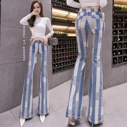Jeans Women Fashion 2021 Apring Autumn New High-Waist Contrast Stitching Slim-Fit Simple Flared Pants Trousers Female Clothing
