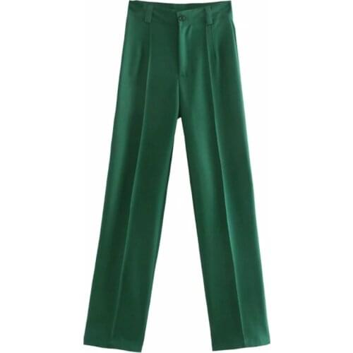 Fashion Women Chic Design Green Casual Straight Pants Hot Sale Lady Loose Business Trousers P2221
