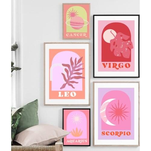 Star Sign Leaf Wall Art Boho Retro Posters and Prints Cancer Leo Zodiac Canvas Painting Cartoon Pictures for Living Room Decor