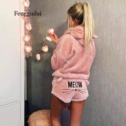 2020 Newly Winter Women Flannel Pajamas Set Hooded Winter Warm Coral Fleece Sleepwear Hoodie+Short 2pcs Suit