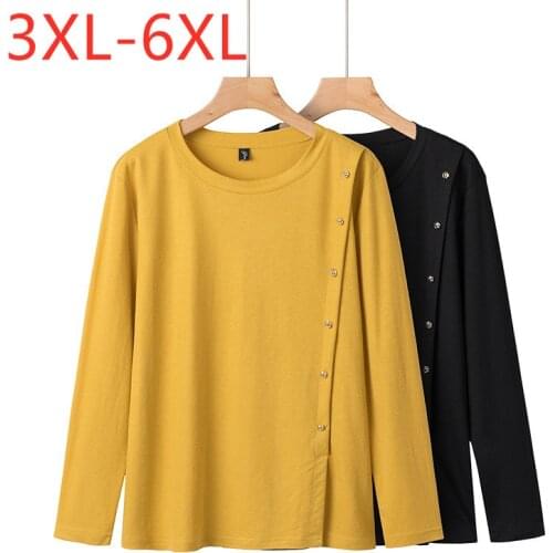 New 2021 Ladies Spring Autumn Plus Size Tops For Women Large Long Sleeve Loose Black Yellow Button T-Shirt 3XL 4XL 5XL 6XL
